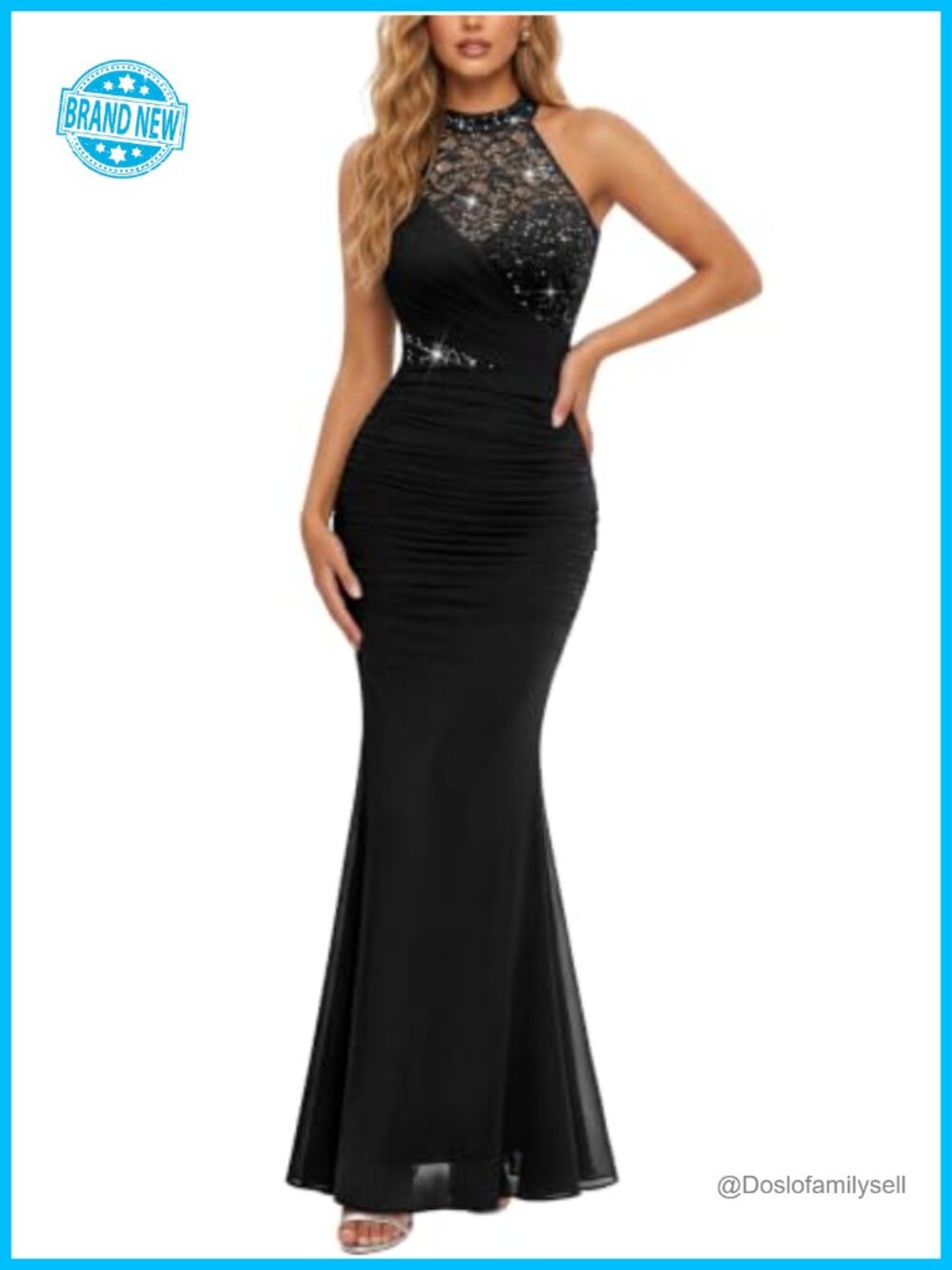 Halter Neck Sequin Lace Mesh Ruched Evening Maxi Dress Formal Gown